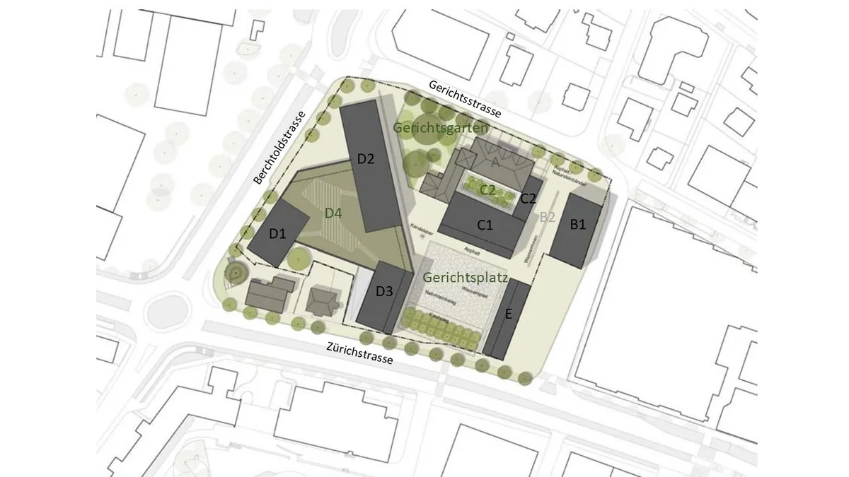 Plan mit der Anordnung der Gebäude im Projekt «Gerichtsplatz-Areal Uster» gemäss Gestaltungsplan von 2018.